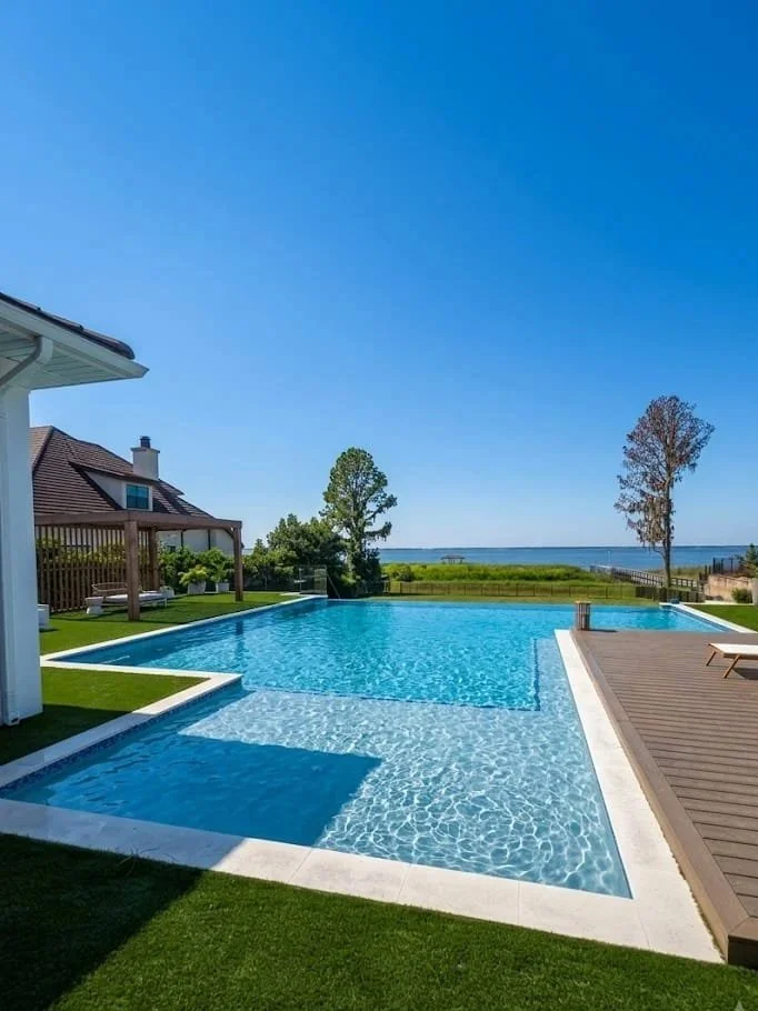 In-ground swimming pool with a wooden deck and grass lawn, overlooking a body of water with trees and a blue sky in the background.