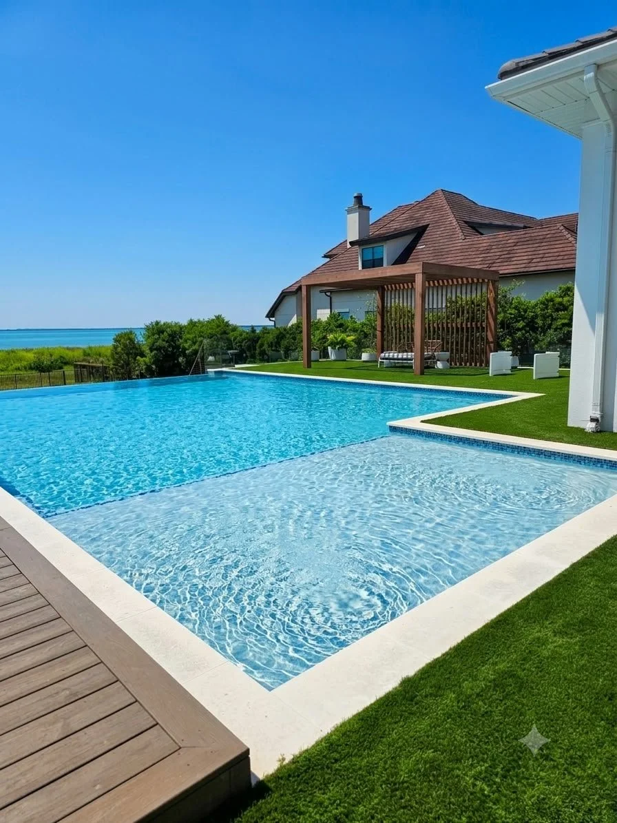 Photo of a backyard swimming pool with clear blue water, surrounded by a grass lawn, a wooden deck, and an outdoor shelter with benches, with a house and trees in the background and a clear sky above.