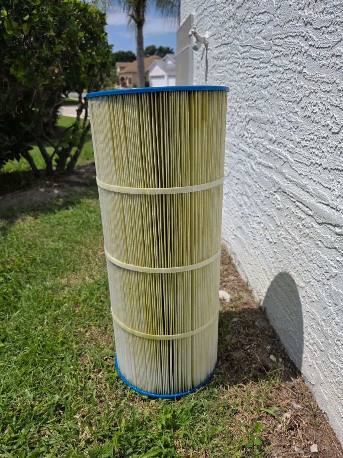 A bundle of pool skimmer filter cartridges standing upright on the grass near a white stucco wall and a green bush, in a residential backyard.