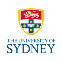 The University of Sydney logo featuring a shield with a red and white background, a book, palm leaves, and blue and gold elements, with the text 'The University of Sydney' below.