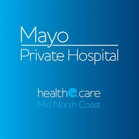 Logo for Mayo Private Hospital with 'healthcare Mid North Coast' text on a blue gradient background.