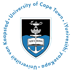 University of Cape Town emblem featuring a black shield with a white illustration of a ship, a lamp, and an open book with 'SPES BONA' on it, encased in a light blue border with the university's name in azul.