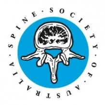 Logo of the Spine Society of Australia featuring a stylized human spine within a blue circle and the organization's name around the circle.