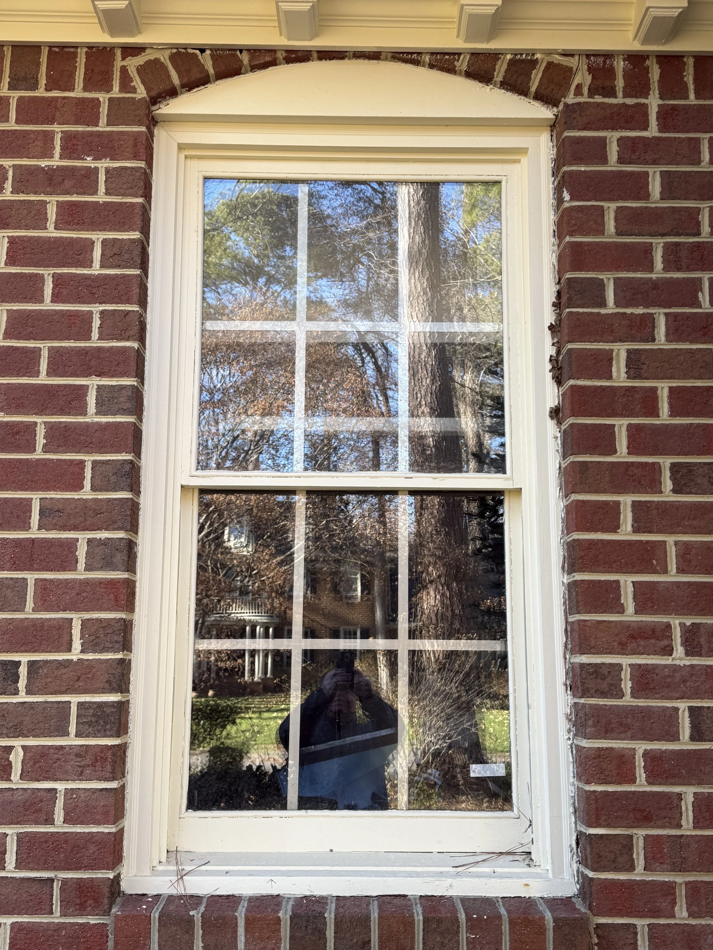 A rectangular window with divided panes set into a brick wall, reflecting trees and sky outside.