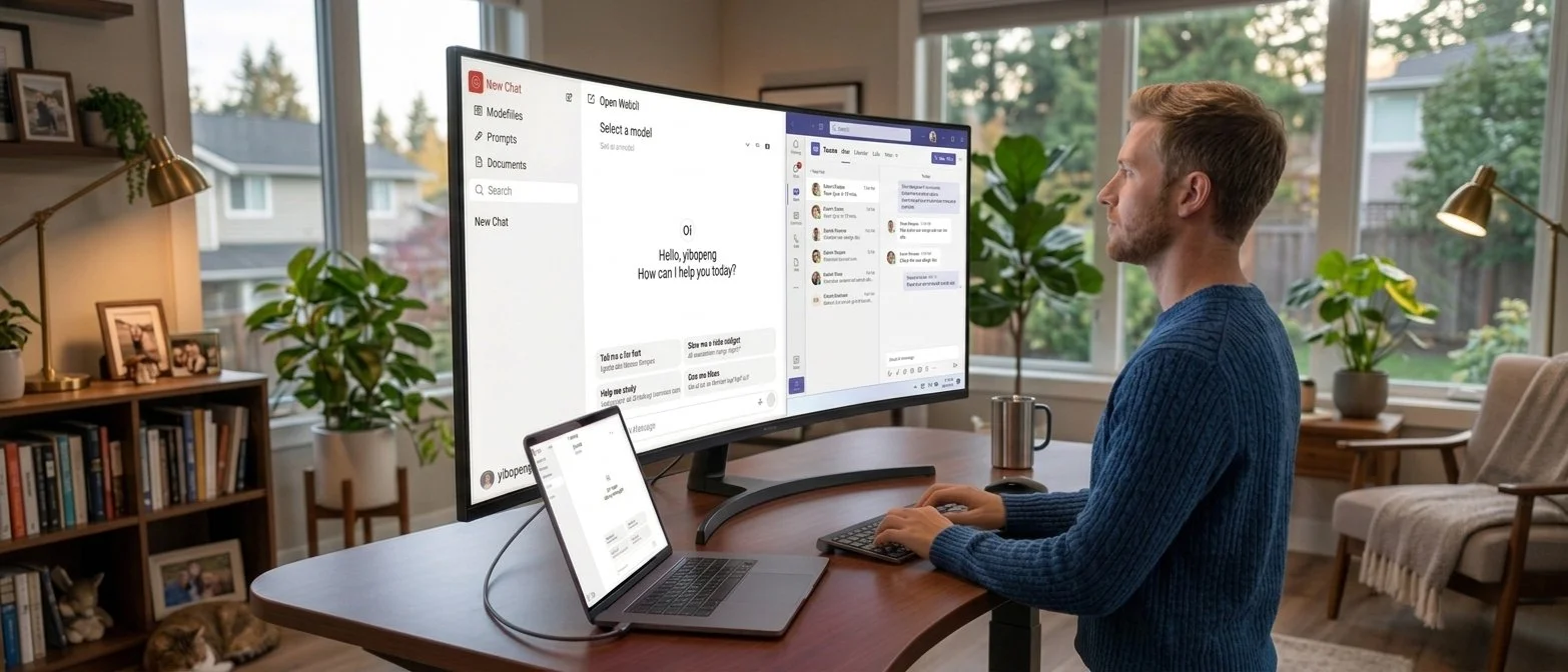 A man working at a desk in a well-lit room with large windows, using a laptop connected to a large curved monitor displaying chat and messaging applications. There are potted plants, books, and framed photos in the background.