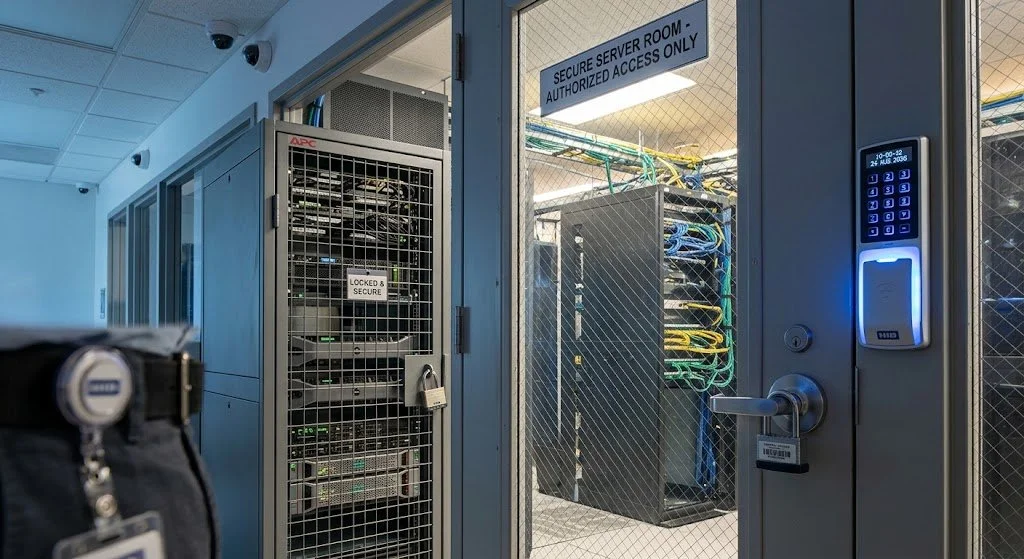 Data center server room with locked and secure servers, controlled access door with digital keypad, and a secure server room sign.