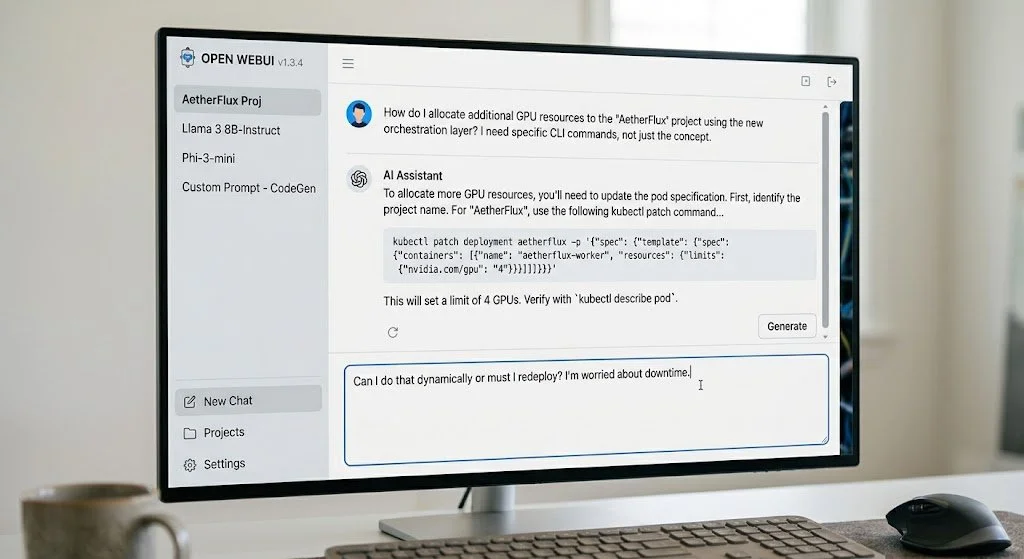 Computer monitor displaying a chat interface with a conversation about GPU resource allocation and deployment commands, with a keyboard, mouse, and mug on the desk.