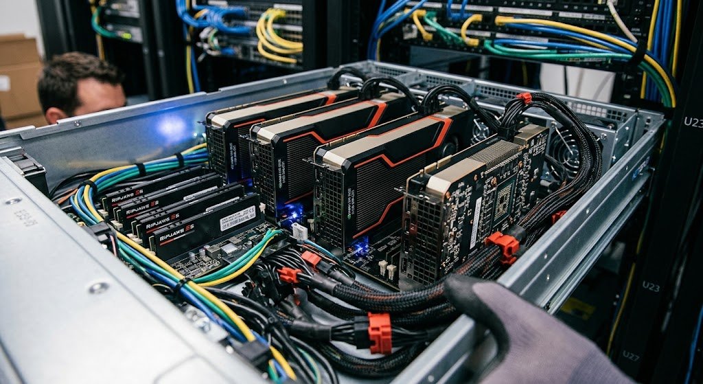 Inside a server or mining rig with multiple high-performance graphics cards installed, electrical cables, and hardware components.