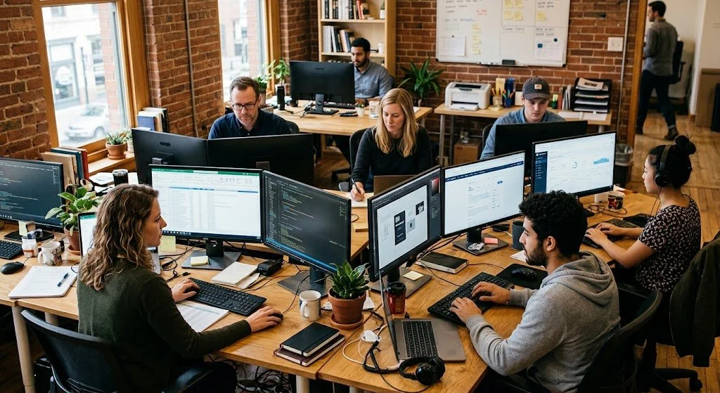 A modern office with six people working at desks with multiple computer monitors, some wearing headphones, in a space with exposed brick walls and large windows.