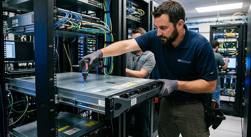 A technician working inside a server room, installing or repairing a server with a screwdriver, surrounded by server racks and networking equipment.