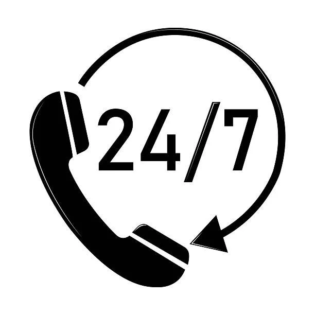 Icon of a telephone receiver with 24/7 text indicating around-the-clock phone support.