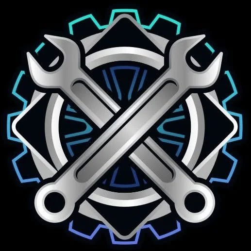 Graphic emblem with crossed wrenches over a gear and a shield, featuring blue glowing lines on a black background.
