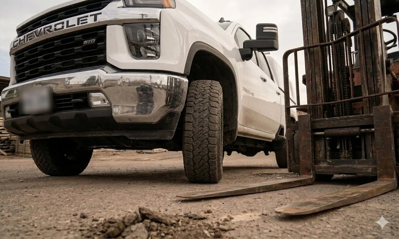 A white Chevrolet Silverado pickup truck parked on a dirt lot next to rusty forklift equipment.