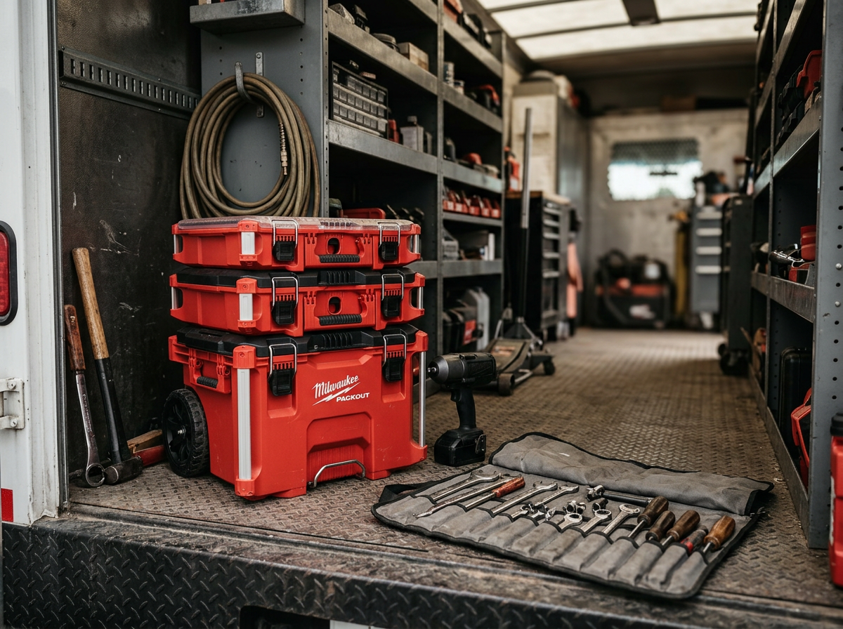 Organized tool storage inside a work trailer, featuring red Milwaukee toolboxes, hand tools laid out on a mat, and shelves filled with various tools and equipment.