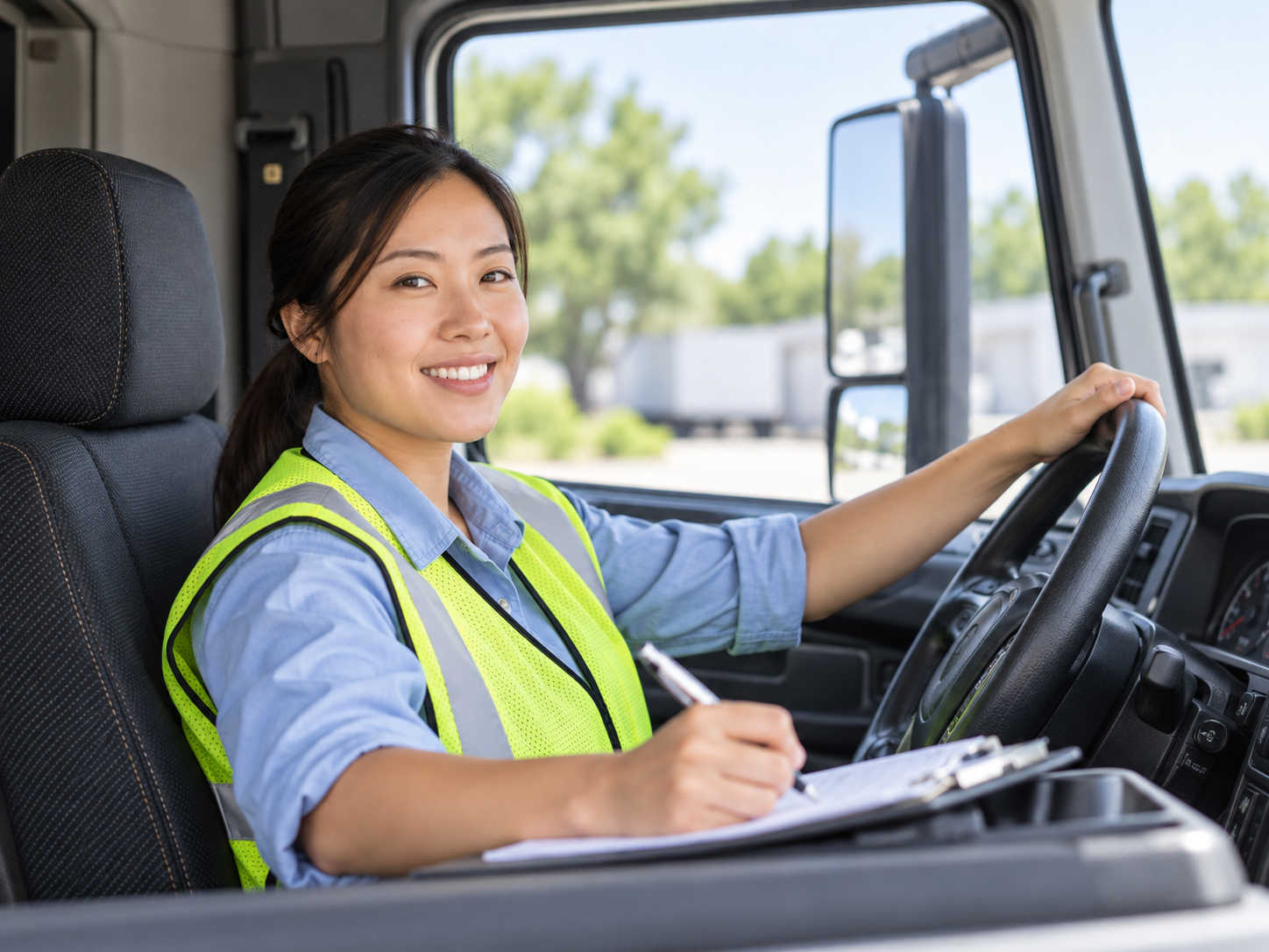 A smiling young female delivery driver sitting in the driver's seat of a truck, wearing a neon yellow safety vest and blue shirt, holding a pen and clipboard, with a background of trees and trailers seen through the window.