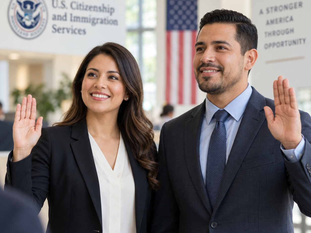 A woman and a man in business attire taking an oath at a naturalization ceremony inside a government building. They are smiling, with their right hands raised. US flags and a sign for U.S. Citizenship and Immigration Services are visible in the background.