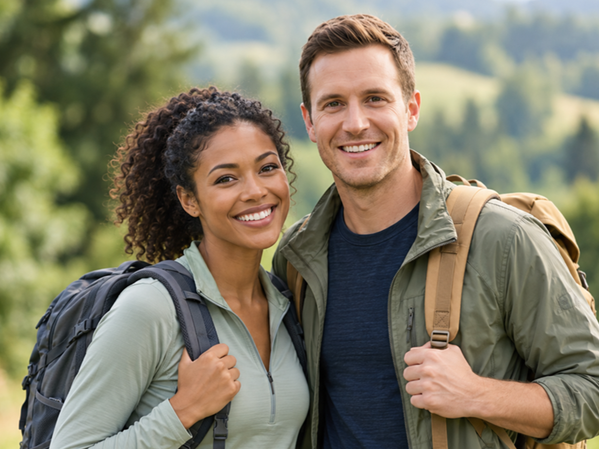 A smiling couple outdoors with backpacks, standing in a green, hilly landscape.