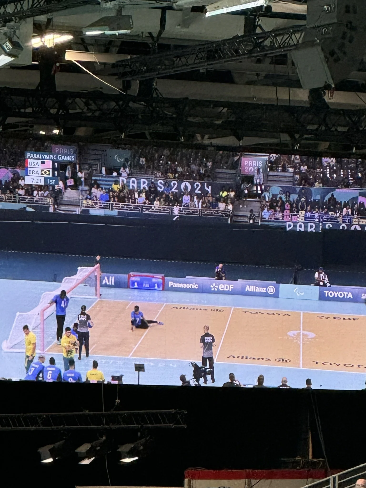 A picture of two Goalball teams playing each other at the 2024 Paris Paralympics.