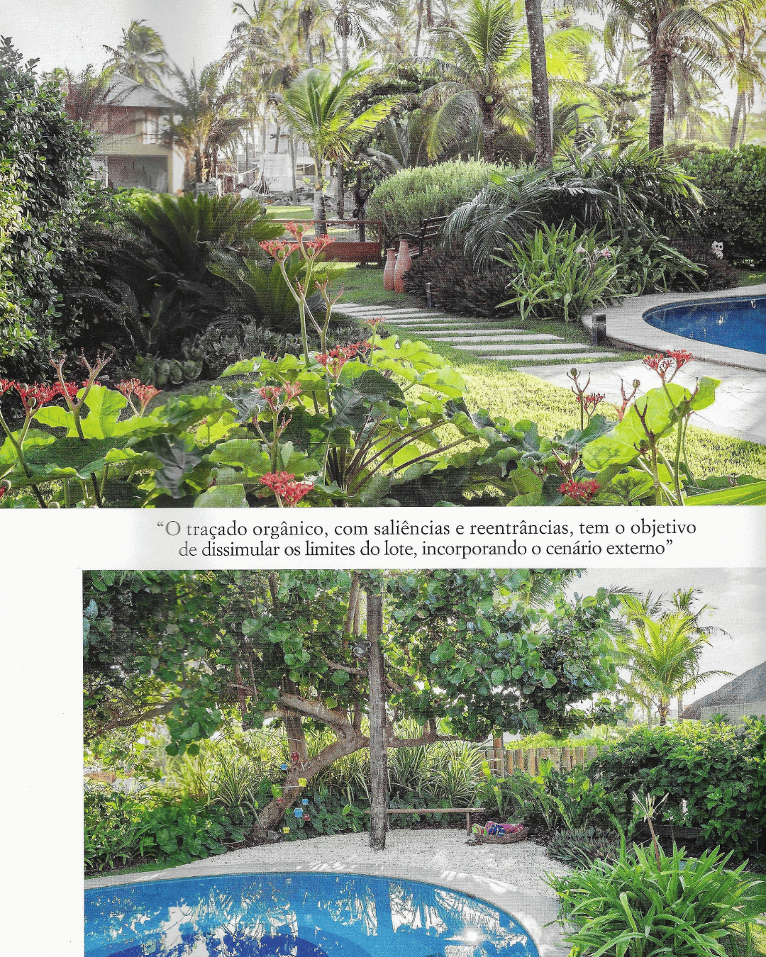 Página da revista Paisagismo & Jardinagem com fotografias de projeto residencial de Marcos Malamut, no qual o traçado do jardim dissimula os limites do lote e incorpora a paisagem externa.