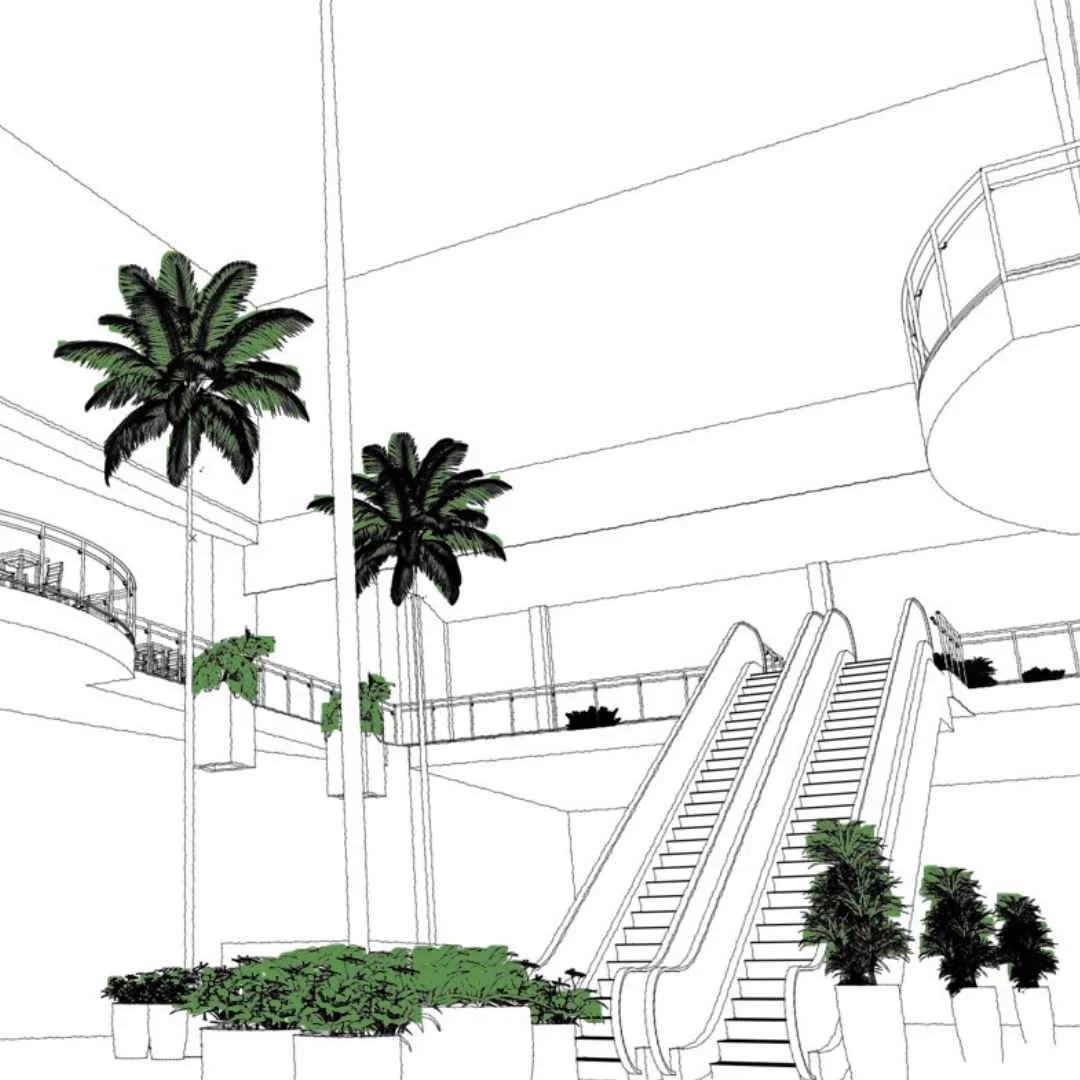 Estudo de retrofit paisagístico para o Shopping , com vegetação incorporada aos corredores, guarda-corpos e áreas próximas às escadas rolantes.