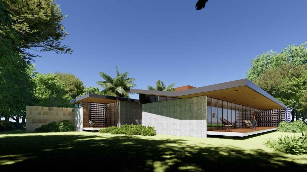 Perspectiva de projeto residencial integrado de arquitetura e paisagismo, desenvolvido por Marcos Malamut e Yoanny Calvo em terreno arborizado.