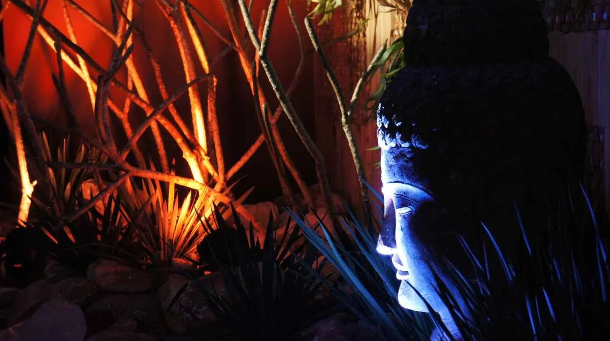 Ambiente de Marcos Malamut e Fernando Rocha premiado como melhor espaço de uso público da CASACOR Bahia 2013, com vegetação, pedras, escultura e iluminação cênica.