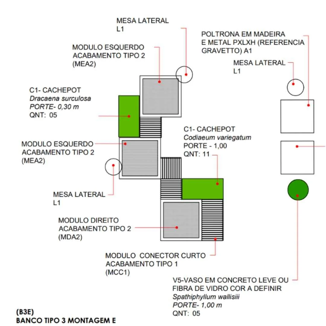 Desenho técnico do mobiliário modular concebido para criar diferentes configurações de assentos e permanência.