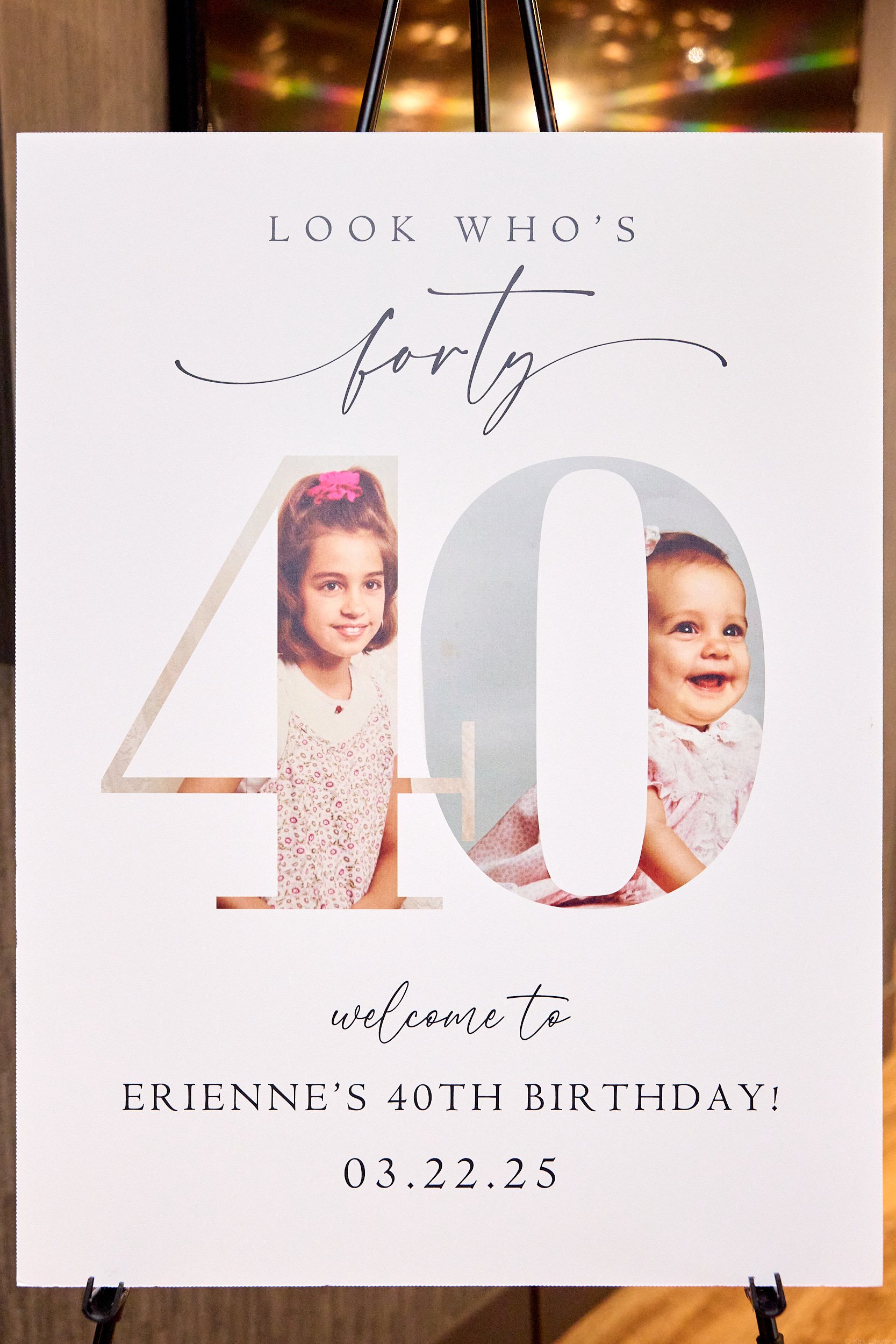 A birthday party invitation card celebrating Erienne's 40th birthday, featuring photos of two women, with text reading 'Look who's fourty' and details of the event date as March 22, 2025.