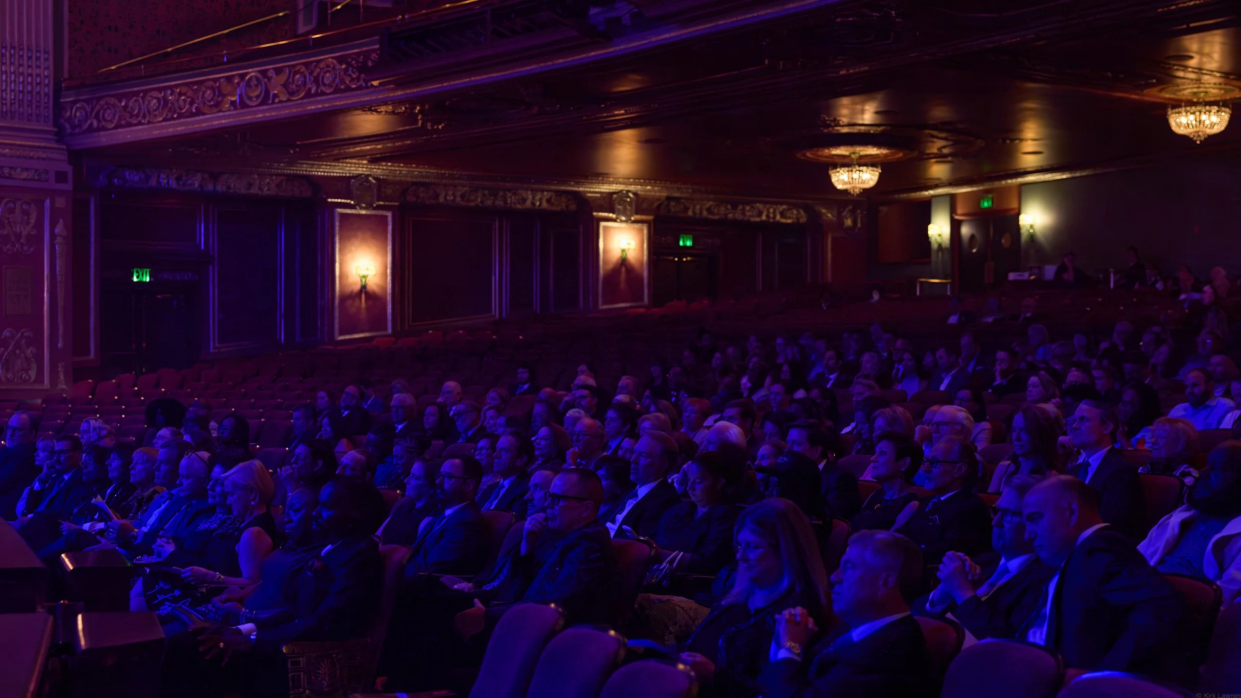 Audience seated in a theater with ornate decor and warm lighting, watching a performance.