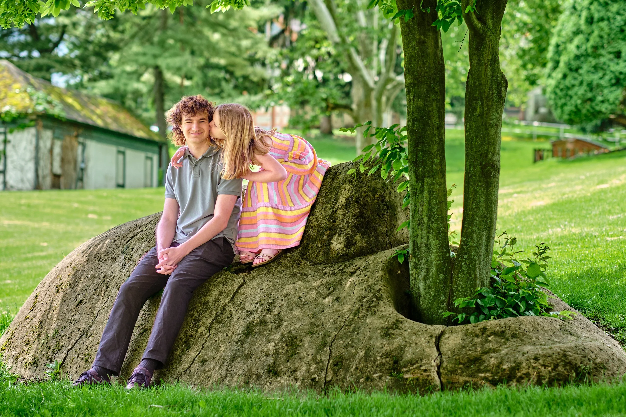 A boy and a girl sitting on a large tree branch in a park, surrounded by green trees and grass. The girl is kissing the boy on the cheek.