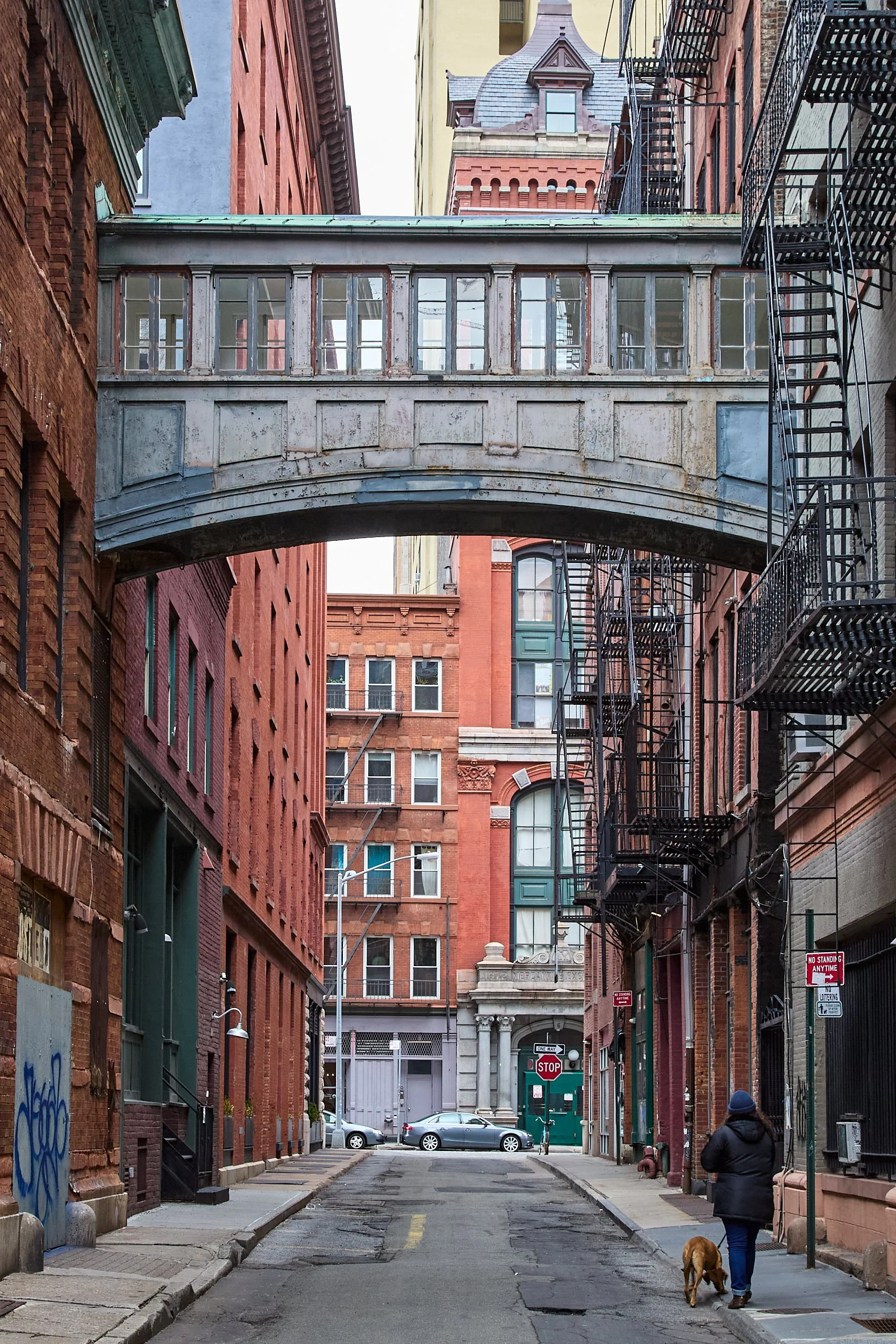 A person walking a dog down a city alleyway lined with old brick buildings, fire escapes, and a large arched bridge connecting two buildings overhead.