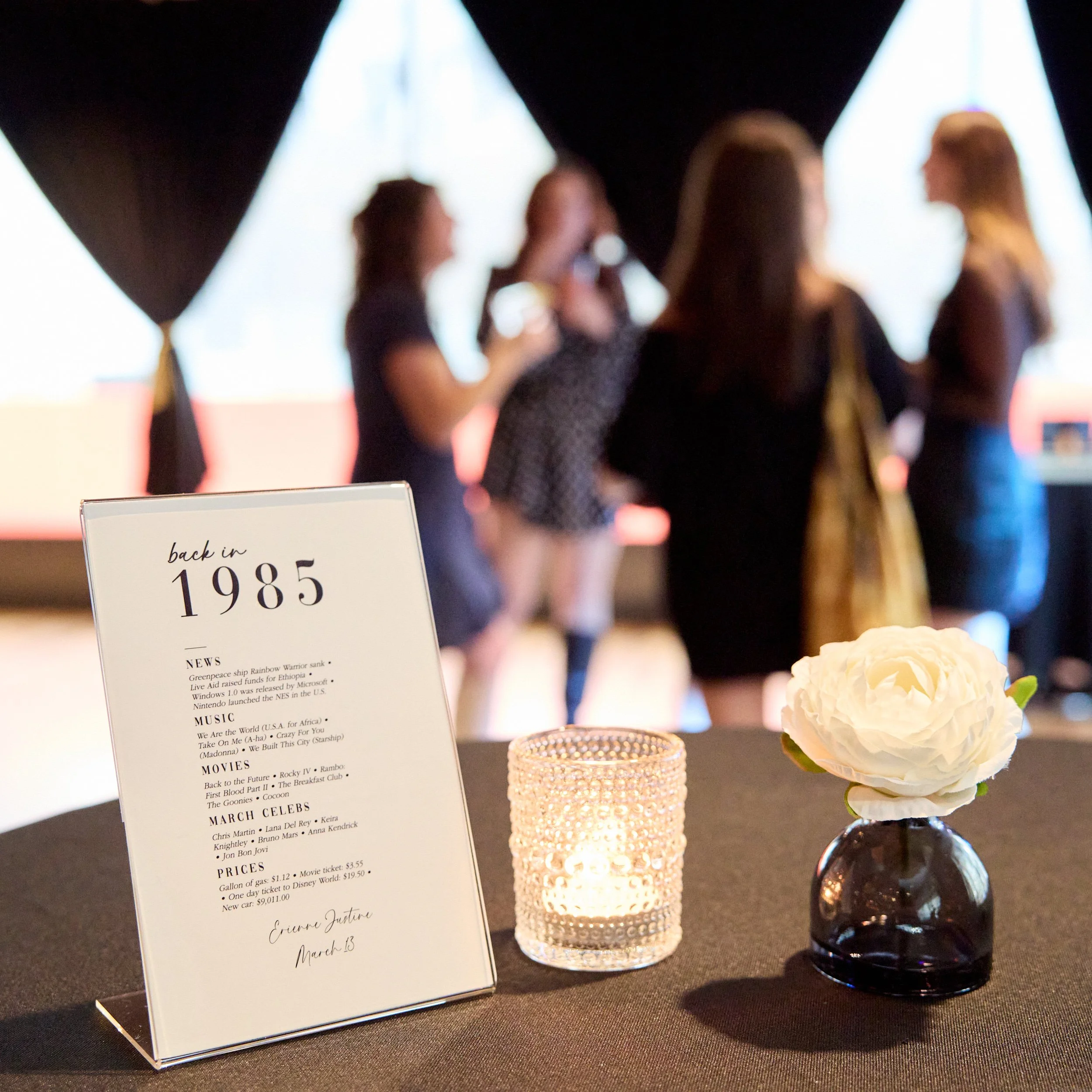A table display featuring a white, glittery candle holder with a lit candle, a dark glass decorative ornament, a paper menu or program, and a white flower with green leaves, all on a black tablecloth.