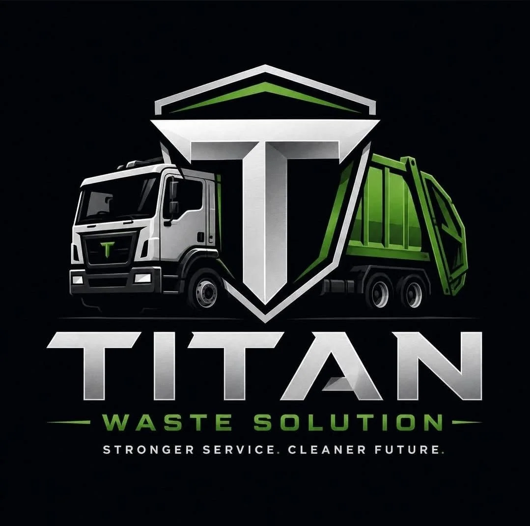Logo for Titan Waste Solution featuring a trash truck with a shield, with the words 'Titan Waste Solution' and the slogan 'Stronger Service. Cleaner Future.'