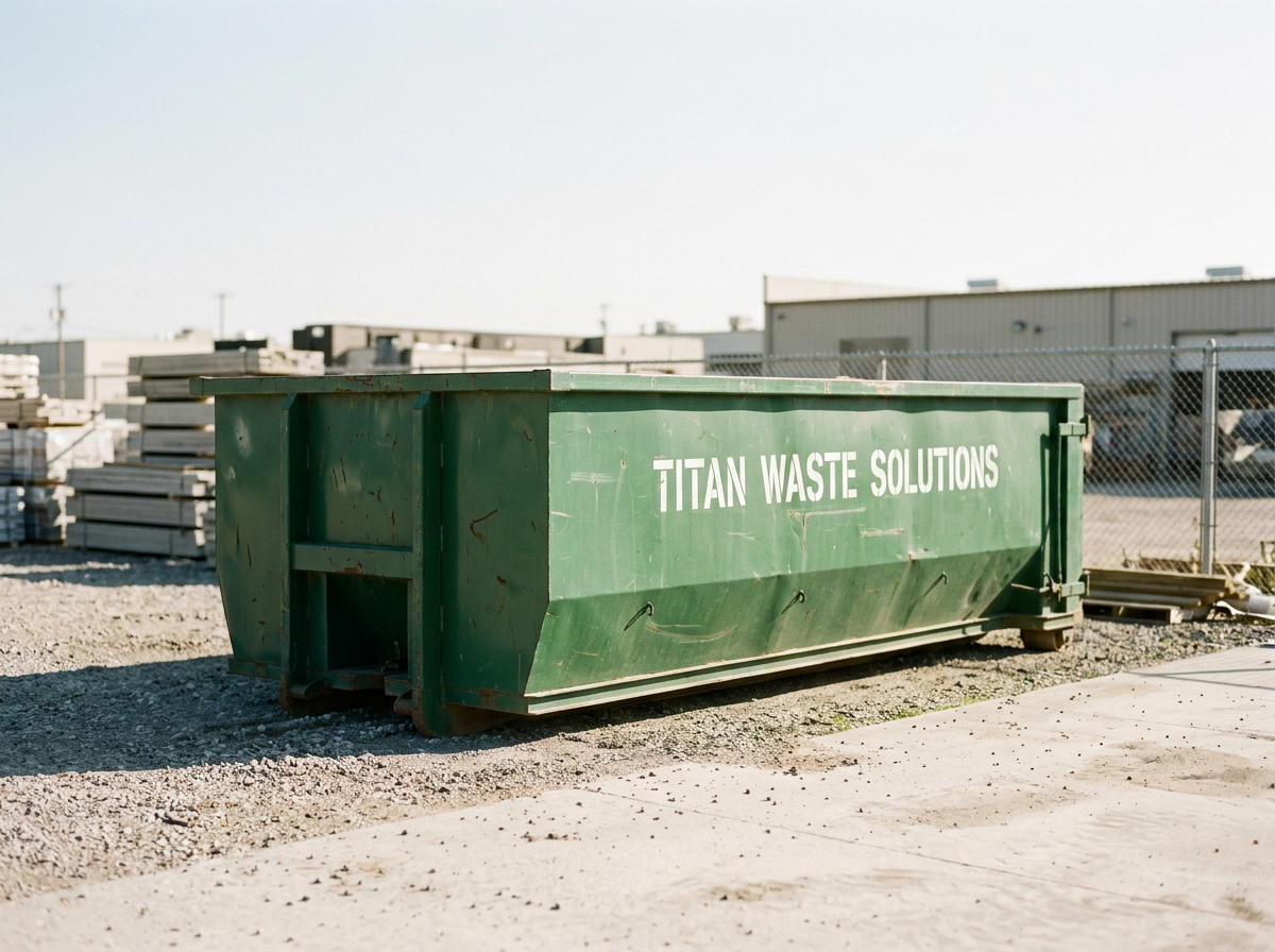 Green waste disposal container with the words 'TITAN WASTE SOLUTIONS' written on its side, situated outdoors on a gravel surface near a chain-link fence and industrial buildings.