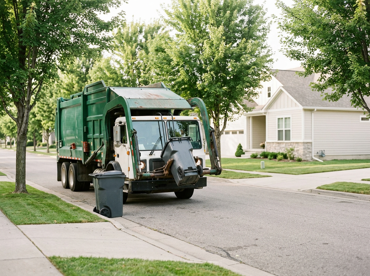 Residential street with trash truck parked on the side and neighborhood houses with green trees.