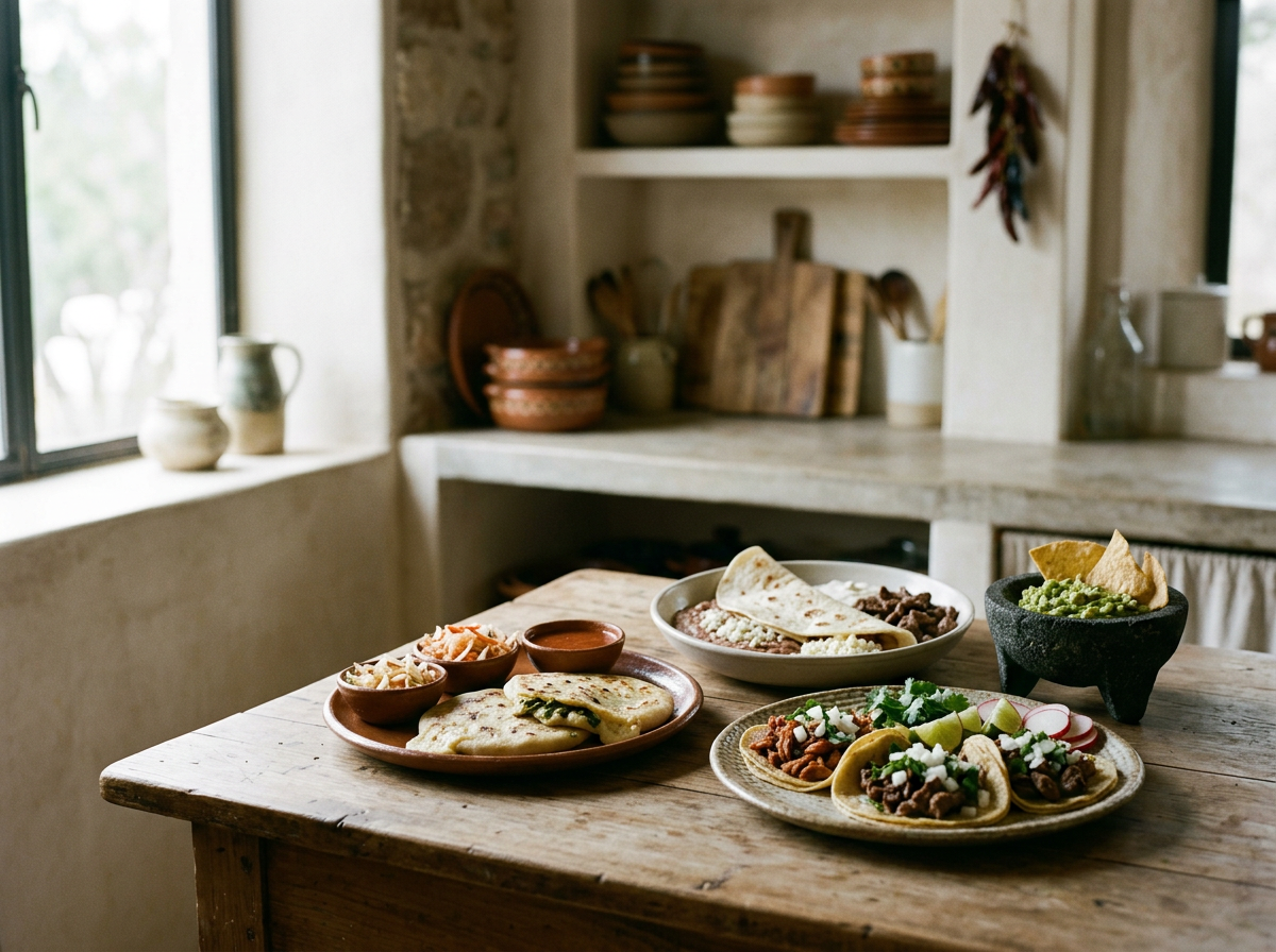 Mexican-style spread on a rustic kitchen table with tacos, rice, beans, and chips, in a cozy kitchen.