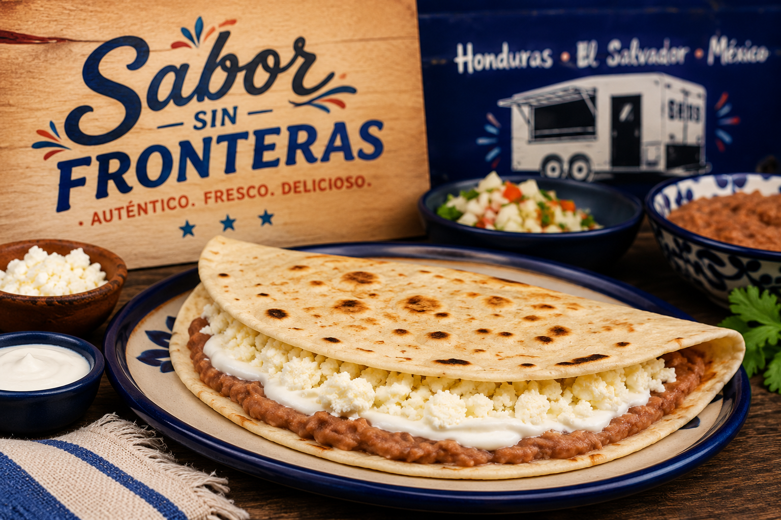 A Mexican dish called quesadilla filled with crumbled cheese, sour cream, and refried beans on a blue plate, with small bowls of cream, cheese, and salsa on the side, and a wooden sign with the text 'Sabor Sin Fronteras' in the background.
