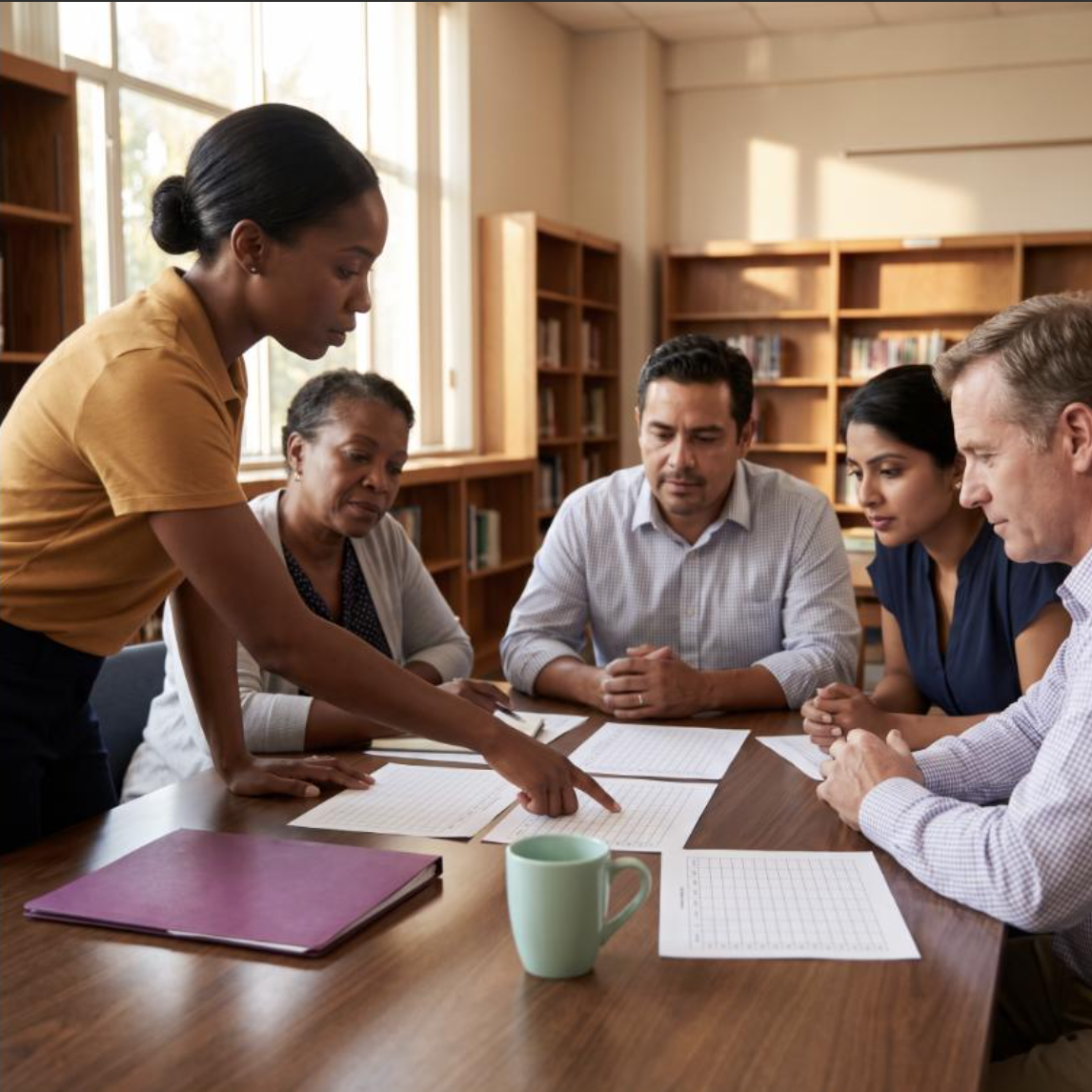 A woman is leading a discussion with five people seated around a table in a library. She is pointing to a document while the others are listening attentively.