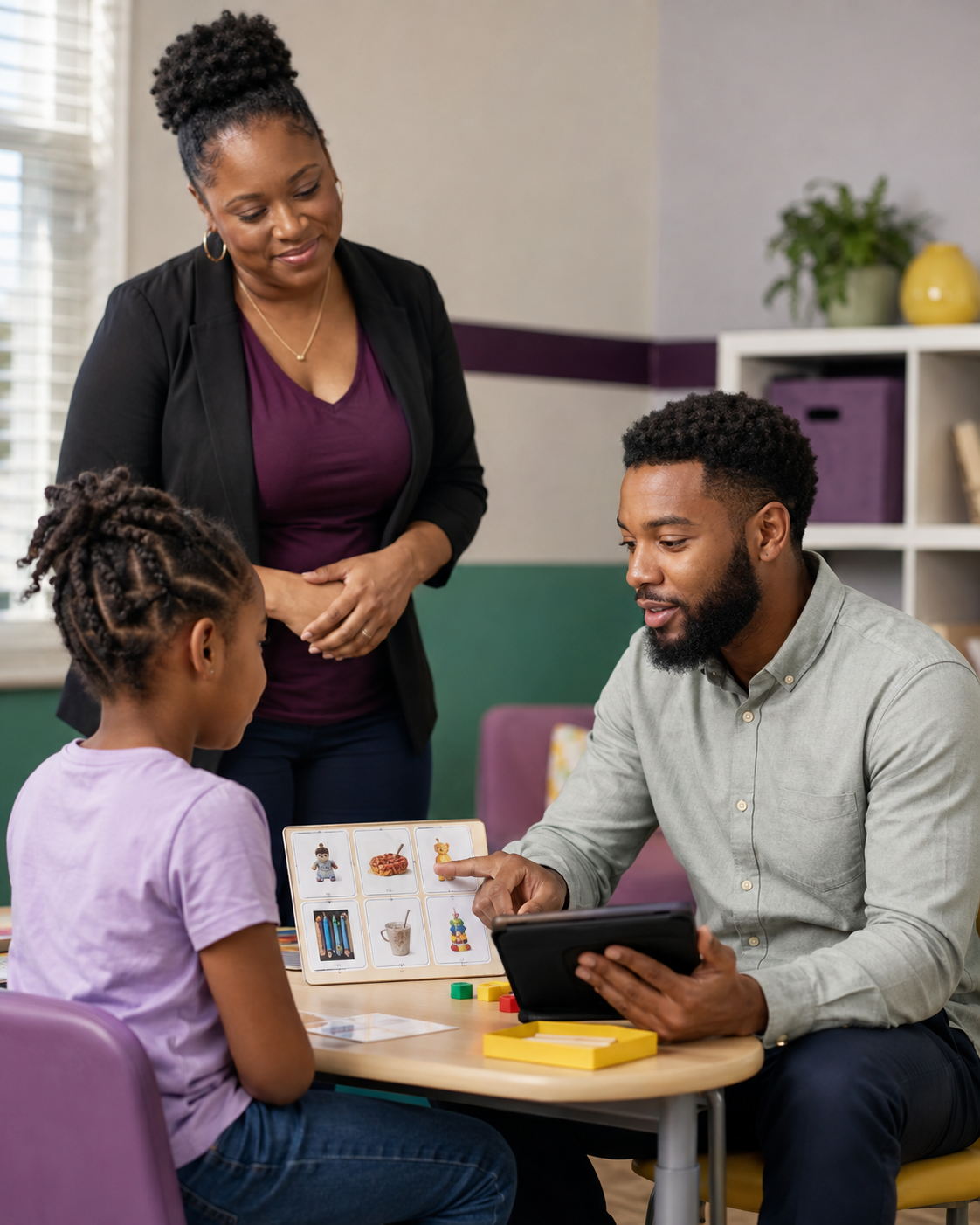 A boy and a girl are sitting at a table having a learning session, with a woman and a man engaging with them. The man is pointing to a picture card while holding a tablet, and the woman is observing. The table has educational materials including a picture card, colorful counters, and toys.