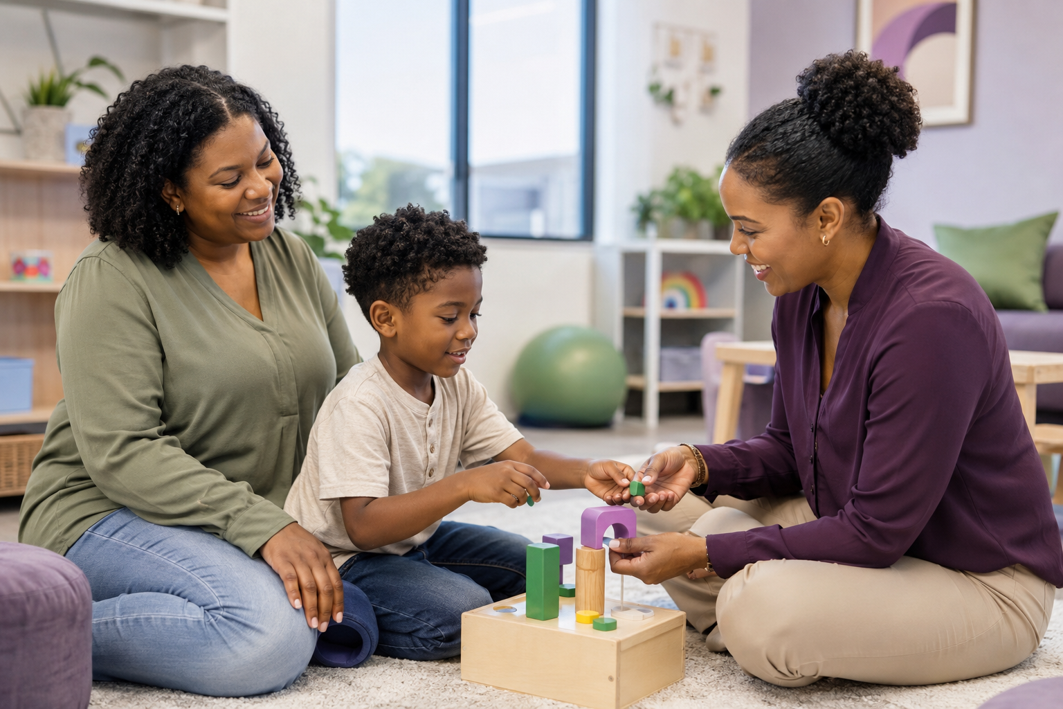 A woman, a child, and a therapist sitting on a carpeted floor playing with wooden blocks in a therapy room.