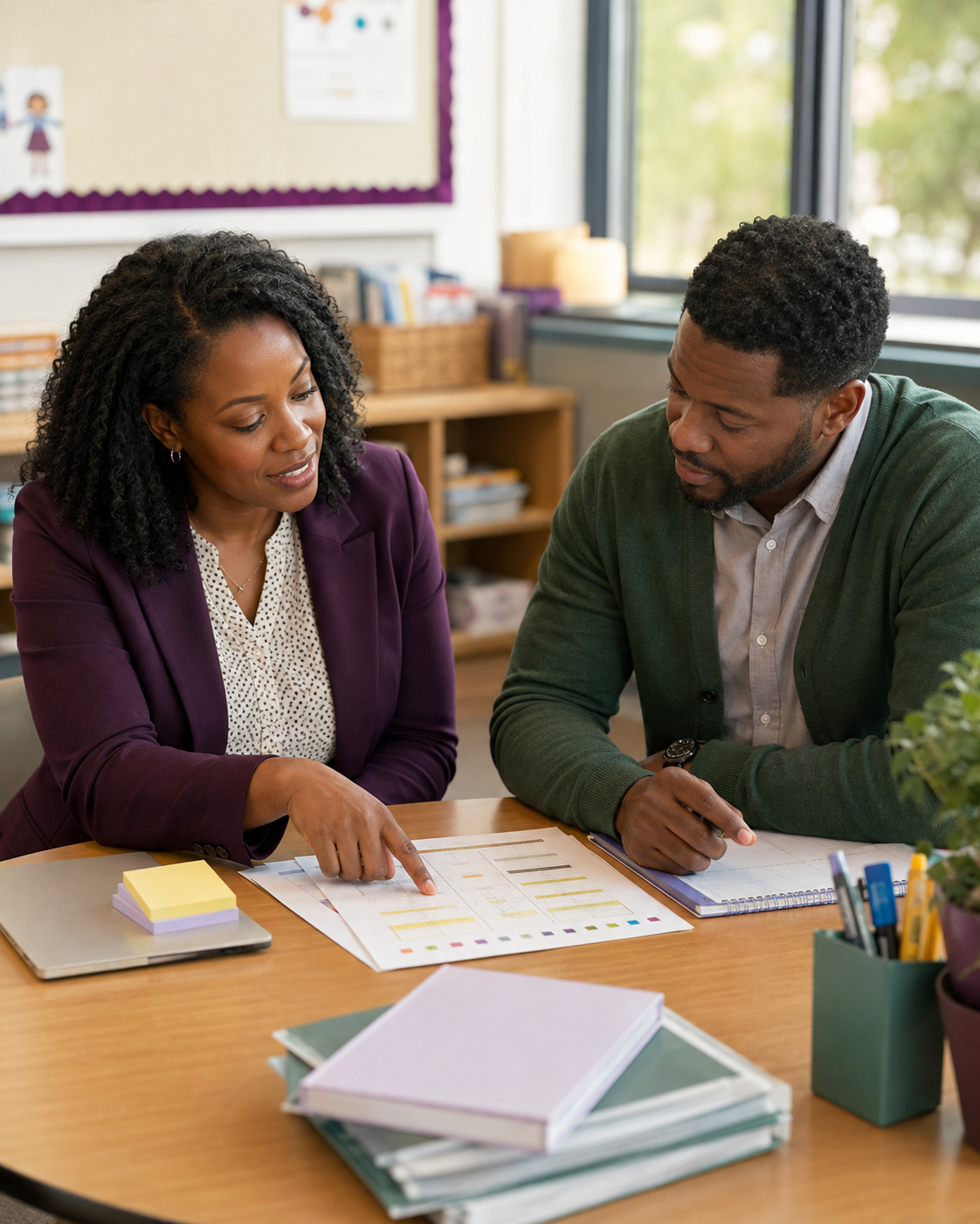 Two adults, a woman and a man, having a discussion while reviewing documents and graphs on a table in an office or classroom setting.