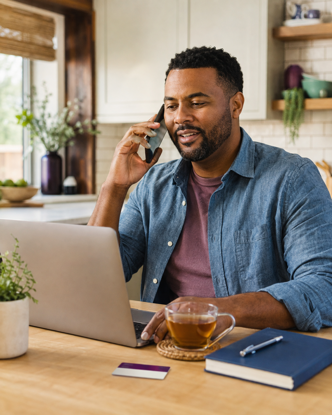 A man talking on a phone while sitting at a desk with a laptop, a cup of tea, a notebook, a pen, a plant, and a credit card.