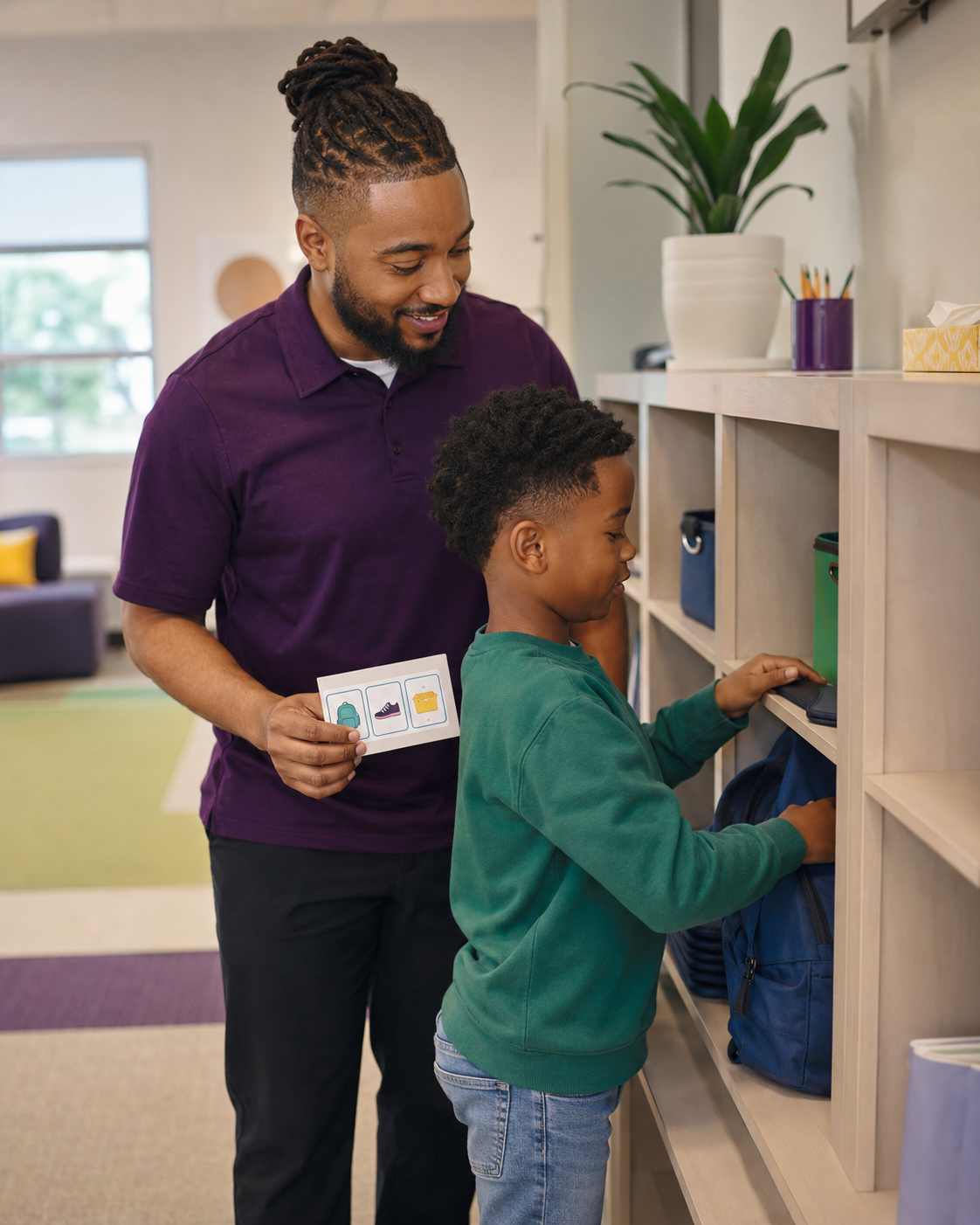 A man and a boy at a school storage area, with the man holding a card with four images of a backpack, sneakers, and a lunchbox, while the boy packs his backpack.