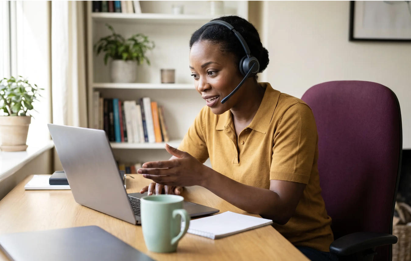 A woman wearing a headset and a mustard-colored shirt sitting at a desk, speaking and gesturing during a video call or online meeting, with a laptop, notebook, and coffee mug in front of her.