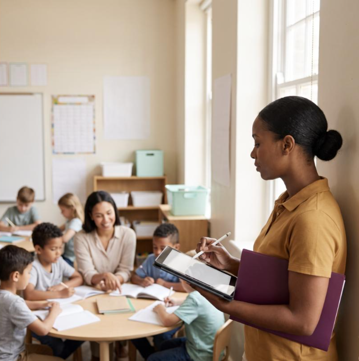 A teacher standing near a classroom wall, holding a tablet and a folder, observing students working at a round table.