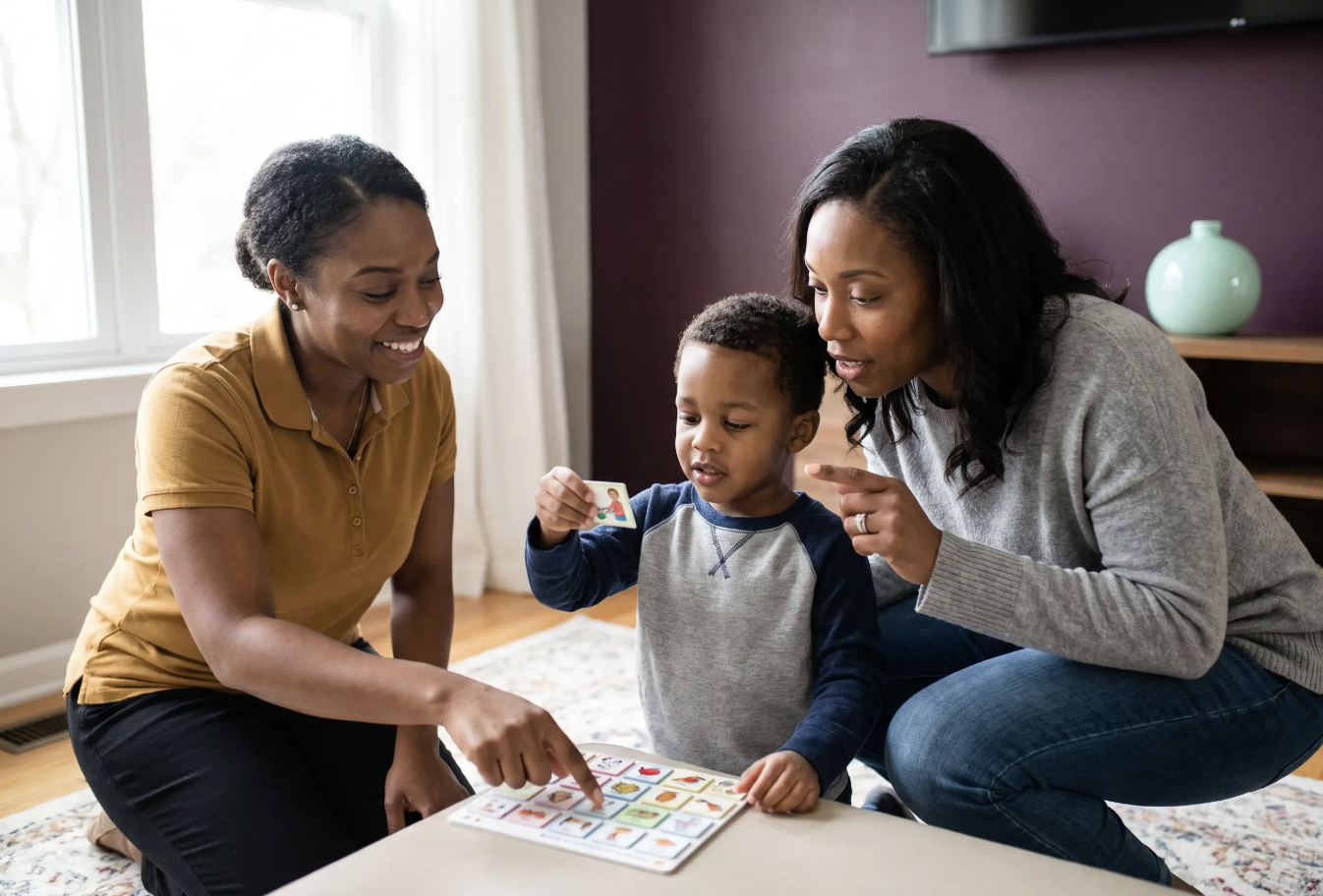 Two women and a young boy sitting on the floor, playing with flashcards and smiling.