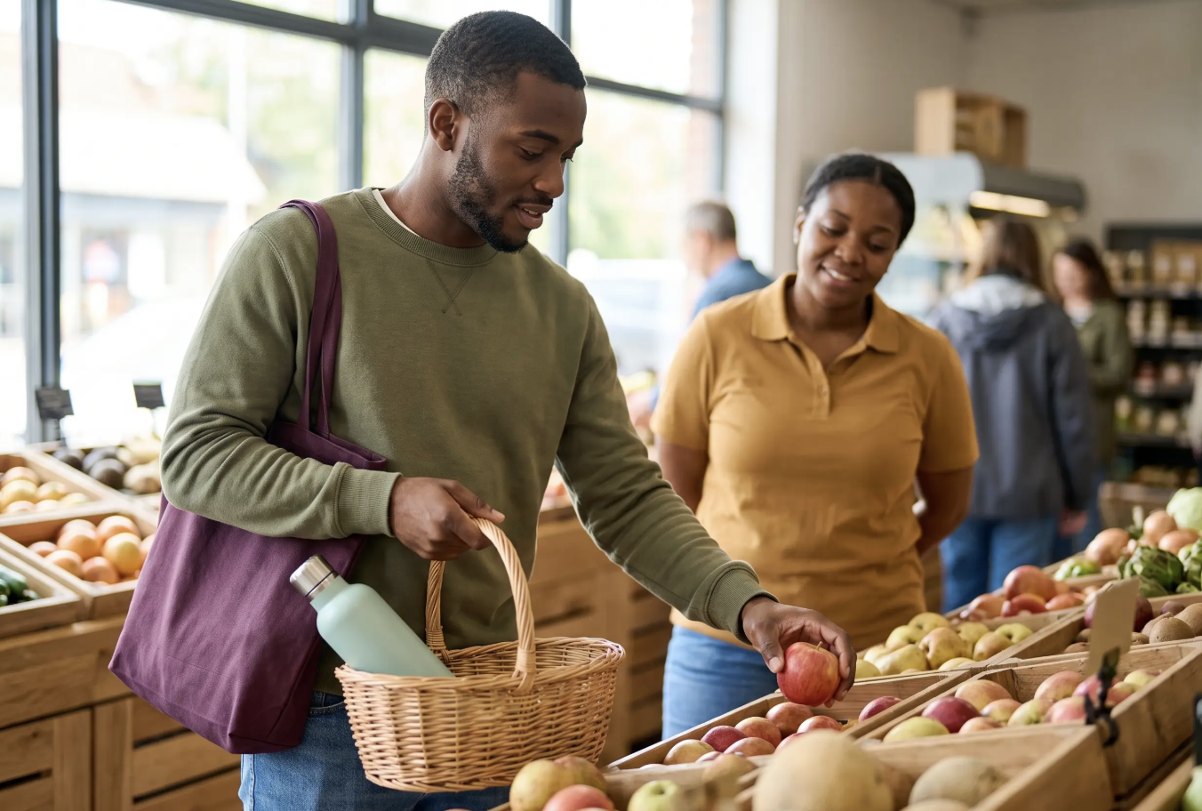 A man shopping for apples at a grocery store with a woman beside him, both smiling and examining fresh fruit.
