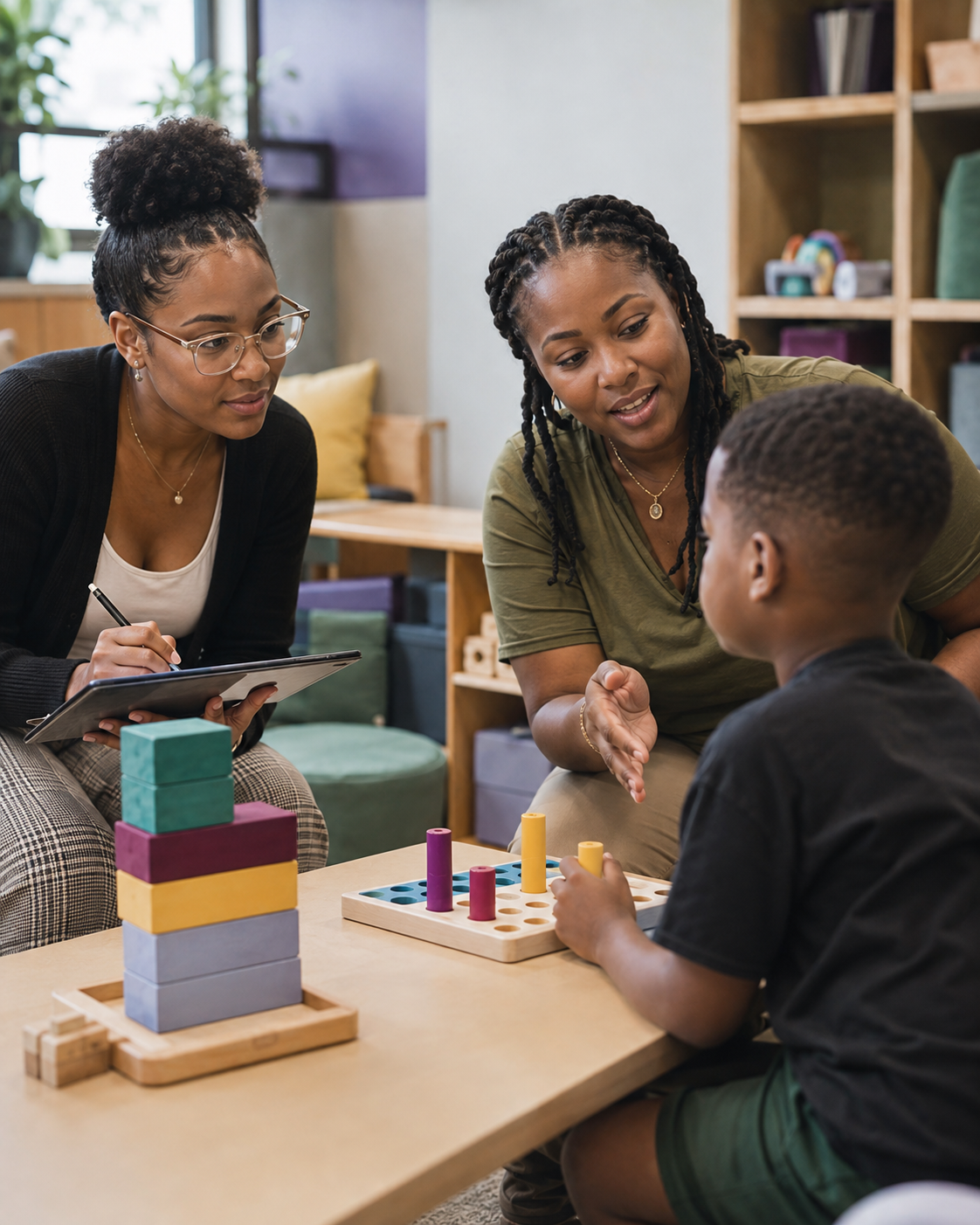 Two women and a boy playing a game with colored pegs and blocks in a cozy, well-lit room.