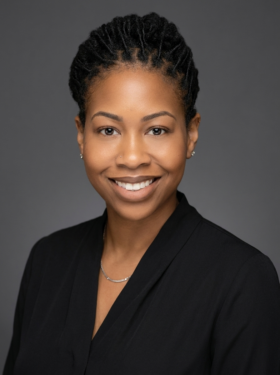 Professional headshot of a smiling African American woman with short, braided hair, wearing a black blazer, a silver necklace, and stud earrings against a gray background.