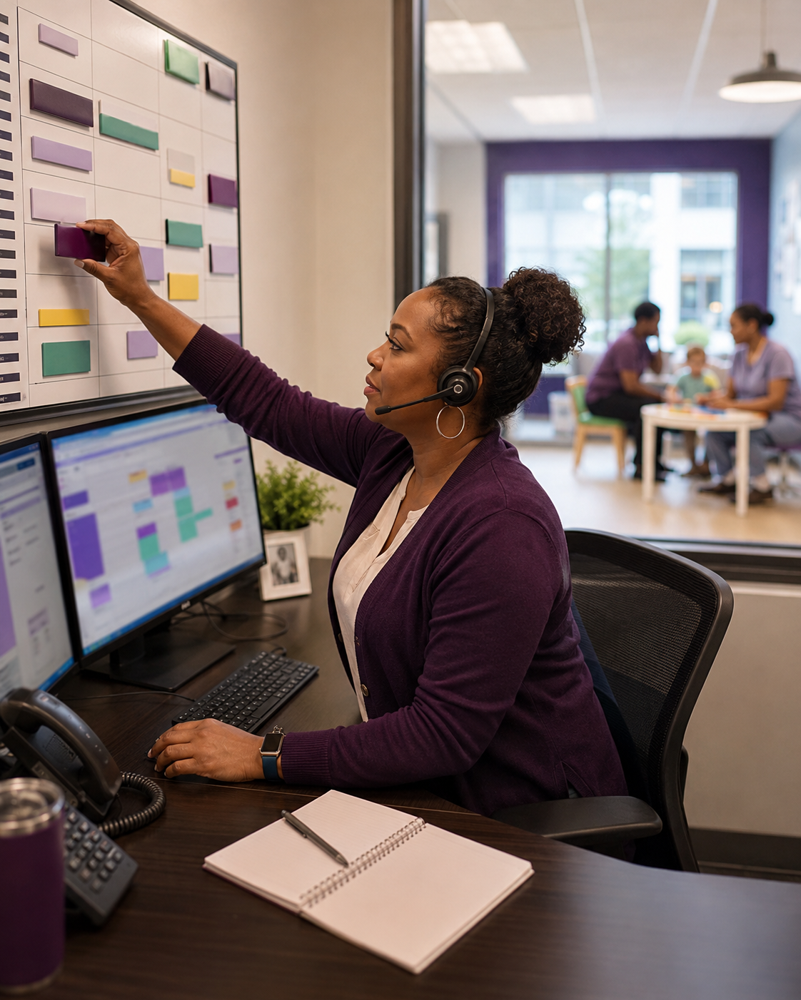 A woman wearing a headset, sitting at a desk with a computer displaying a scheduling or planning software, reaching to a whiteboard with colorful sticky notes. In the background, two people and a child are sitting at a table in a brightly lit room.